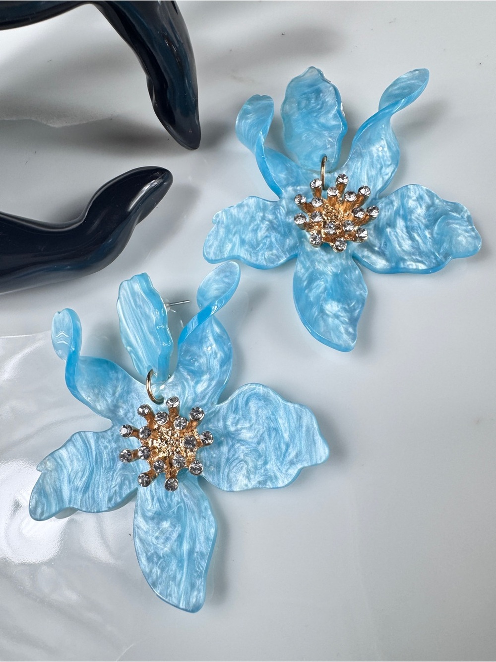 Zara Light Blue Floral Statement Drop Earrings with Gold Crystal Center Vintage